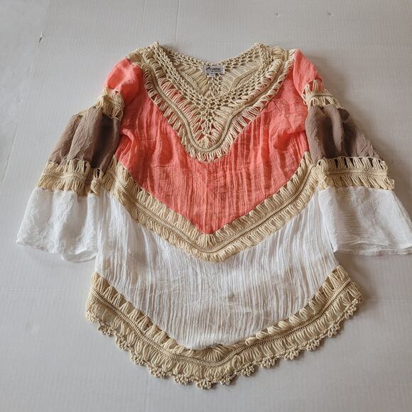Arianna By Howards Other - Arianna Coral White Crochet Poncho Top Fringe Boho Beach Cover Up S/M Festival